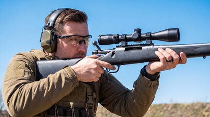Fototapeta premium Man in tactical gear aiming sniper rifle with optical scope at shooting range. Shooter wearing ear protection and safety glasses. Hunting, sport shooting and firearms training concept.