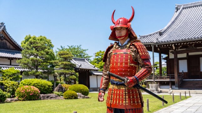 Man in traditional red samurai armor with horned helmet holding katana sword standing in Japanese temple garden. Ancient warrior costume and Asian