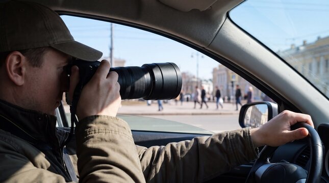 Man photographer taking pictures with telephoto lens while driving car. Paparazzi surveillance and secret photography in city street. Detective agent following target with professional camera.