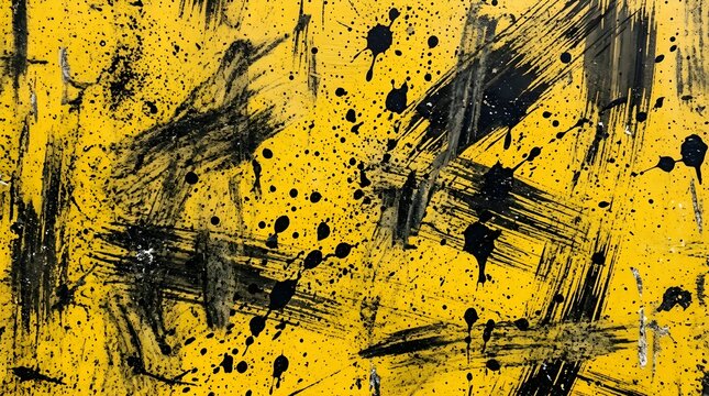 Abstract yellow canvas background with black paint splatters and expressive brush strokes