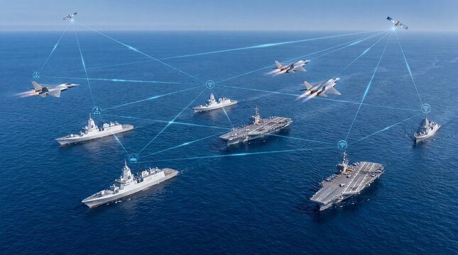 Military fleet connected by satellite network with fighter jets and warships at sea. Naval communication and defense technology concept. Network centric warfare and global military connectivity