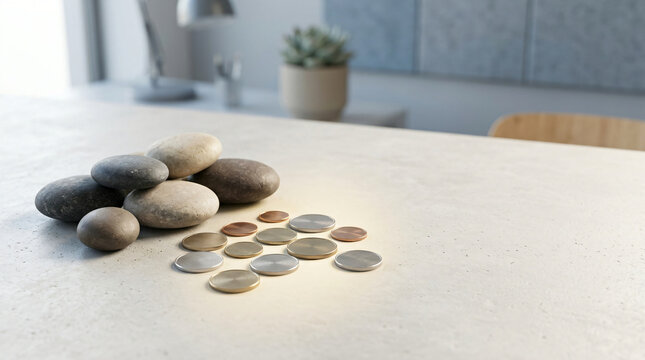 Calm commercial concept with Smooth balanced river stones arranged beside modest group of coins for lasting wealth accumulation, in a calm neutral setting