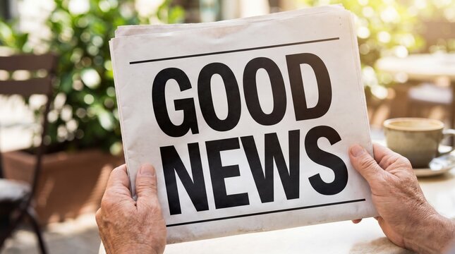 Senior man hands holding newspaper with headline good news at outdoor cafe table. Positive media announcement and journalism concept. Reading morning press with coffee in sunlight.