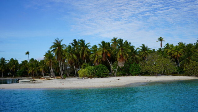 A beautiful daytime view across the turquoise waters of Blue Lagoon in Rangiroa, French Polynesia, looking at a secluded tropical motu island covered in lush coconut palm trees