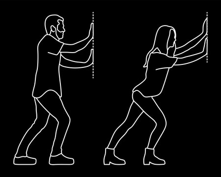 People pushing wall and door, man and woman gesture, line art, silhouette, pose, human, architectural plan, editable stroke, vector, illustration