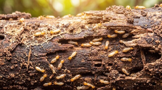 Termites crawling on damaged rotten wood log. Pest infestation destroying wooden structure close up. Insect colony damage control and home protection concept for exterminator service.