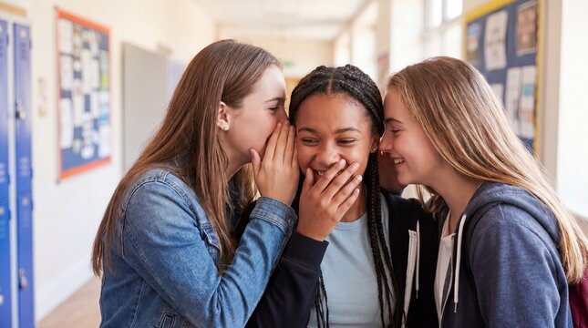 Three teenage girls sharing secrets and gossiping in school hallway. Happy female students whispering to friend covering mouth with
