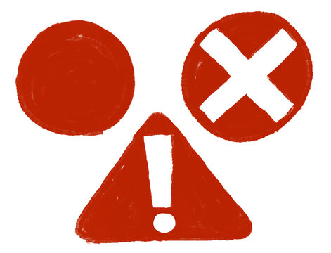 Red Warning Symbols: A collection of red warning symbols including a circle, a cross within a circle, and a triangle with an exclamation mark, signifying alerts or errors.