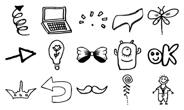 Set of cute hand drawn doodle icons including laptop arrow crown bow tie monster and smiley face elements