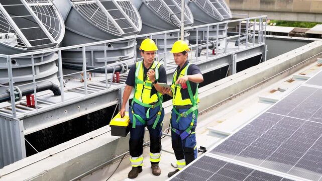 Industrial Site Inspection: Two workers in safety gear conduct an inspection on a rooftop, surrounded by cooling towers and solar panels.