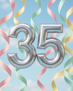 Silver balloons in the shape of the number 35 against a light blue background with pastel ribbons, celebrating a 35th birthday.