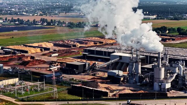 Aerial view of industrial wood processing plant with smoke rising from chimneys and piles of wood chips in Suwalki, Podlaskie Voivodeship, Poland.