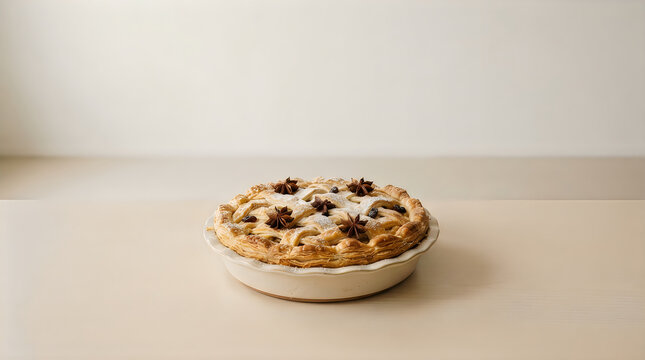 Fresh baked apple pie with star anise on top in a ceramic dish
