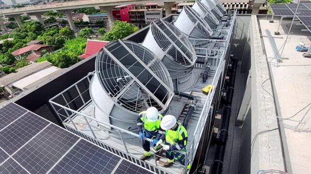 Industrial Cooling System Maintenance: Technicians in safety gear conduct essential maintenance on large industrial cooling towers, surrounded by solar panels on a rooftop.