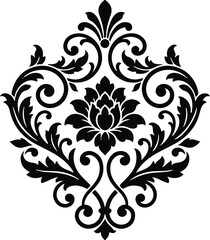 Elegant black damask floral pattern isolated on a white background featuring intricate scrollwork and vintage botanical flourishes for decorative design © Rujina
