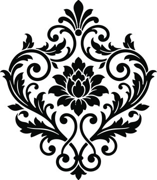 Elegant black damask floral pattern isolated on a white background featuring intricate scrollwork and vintage botanical flourishes for decorative design