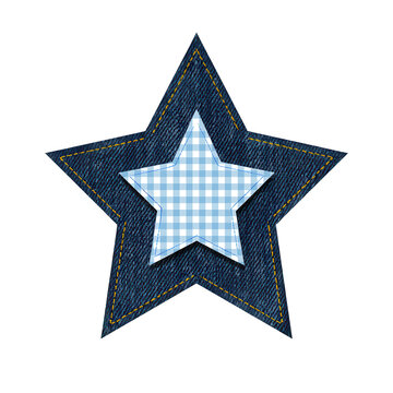 Double layered star applique with denim texture and blue gingham fabric pattern isolated.