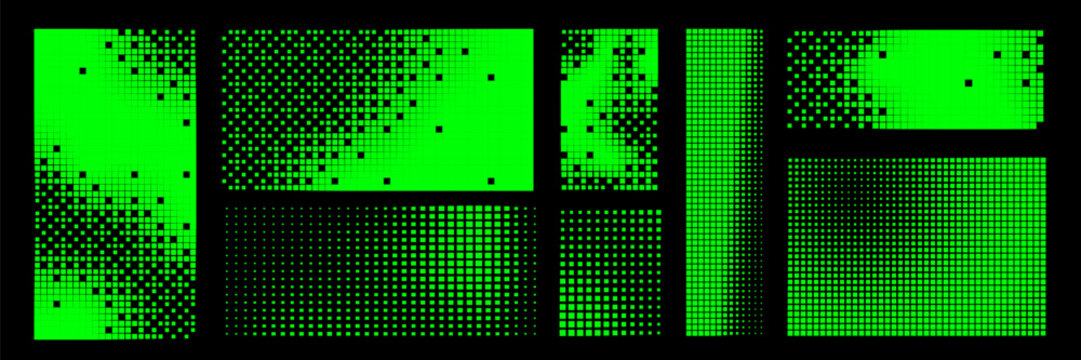 Set of bitmap pixel background with green gradient pattern and 8bit art. Glitch video game design.