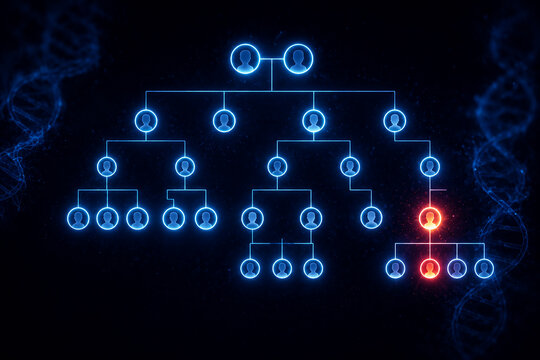 Genetic inheritance family tree graph with glowing blue nodes for study.