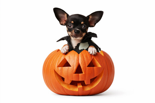 Chihuahua puppy wearing tattered zombie collar inside carved pumpkin