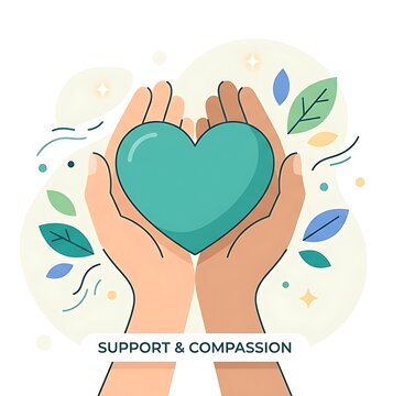 A concept of supportive awareness, clean, flat vector artwork, minimal text, and tender hands holding a teal heart