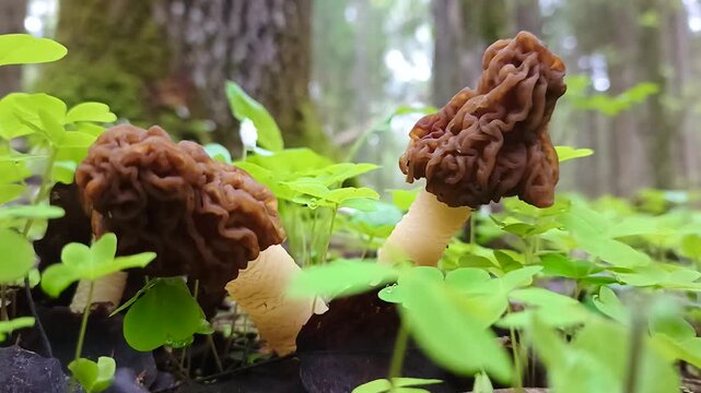 Autumn morel mushrooms grow in the forest.