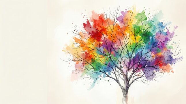 A vividly painted watercolor tree displays a stunning array of colorful leaves and foliage set against a delicate soft white backdrop