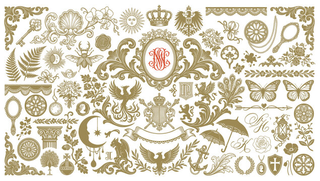 Vector set of Classical baroque vintage elements Decorative design. Vintage flourish Decorations Elements