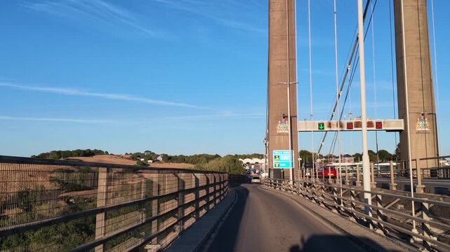 Saltash Cornwall England UK. 13.08.2026. Video.  Vehicles driving over the Tamar Bridge between Saltash and Plymouth crossing the Tamar River at the border of Cornwall and Devon UK