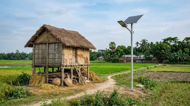 Rural hut with thatched roof and solar street light in a green agricultural field in bangladesh