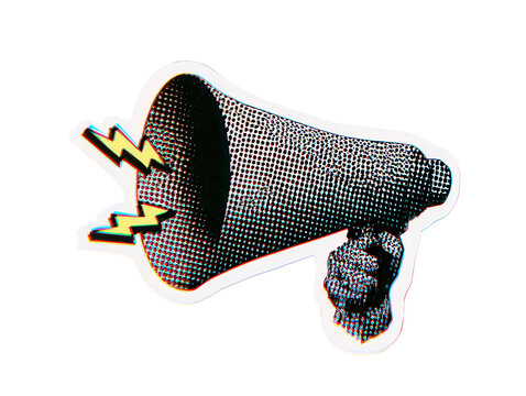 Pop art megaphone illustration with lightning bolts for marketing and communication concepts.