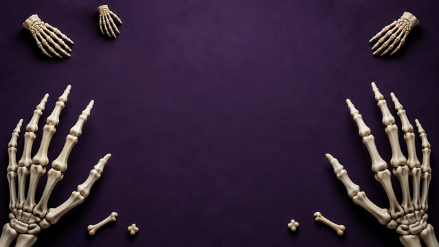Halloween background with human skeleton hands and small bones arranged on a dark purple textured surface