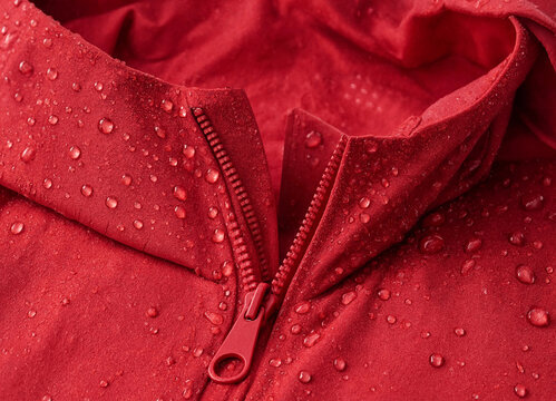 Red waterproof jacket fabric texture mockup with water droplets and zipper