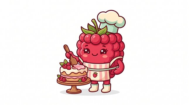 Cute Kawaii Raspberry Chef Character Wearing Hat Apron Spreading Cream On Layered Cake Bakery Mascot Concept Vector Illustration.