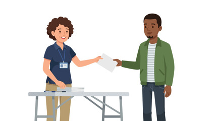 Fototapeta premium Election worker hands ballot to voter at polling station illustration