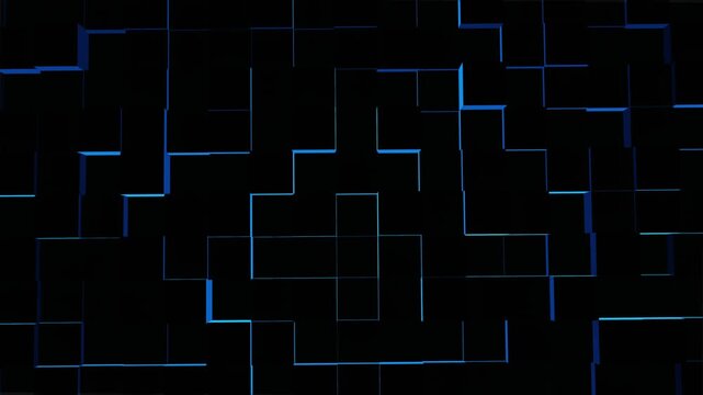 Abstract motion background from random moving glowing blue 3d cubes. 4k seamless loop