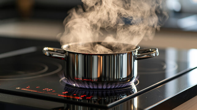 Cooking with induction cooktop and steam rising from pot