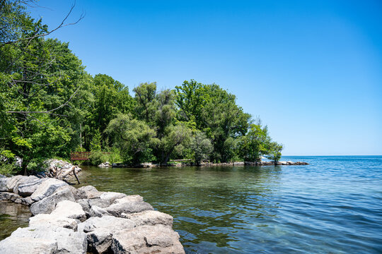 View of rocky Lake Ontario shoreline in Burlington.