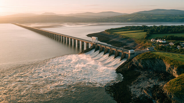 Barrage power station across estuary with flowing water