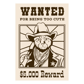 Wild west cute cat wanted sign filled stroke