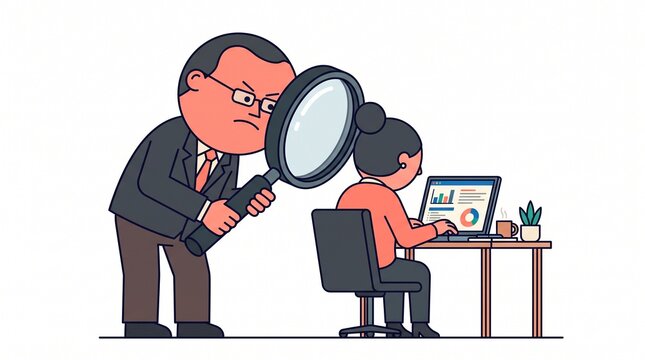 Boss Inspecting Female Employee Work With Large Magnifying Glass Office Micromanagement Concept Vector Illustration.