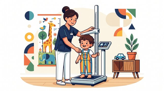 Female Pediatric Nurse Measuring Toddler Boy Height And Weight Using Medical Scale Stadiometer In Clinic Vector Illustration.