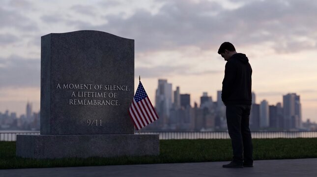 Patriotic 9/11 memorial monument, man mourning at granite headstone with American flag, somber city skyline at dusk