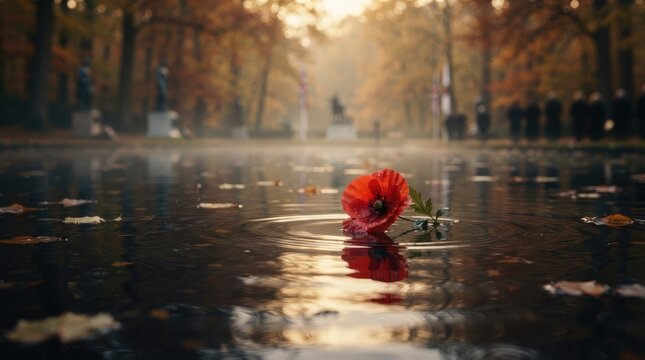 Poignant Poppy Floating on Reflective Water with Copy Space for Armistice Day