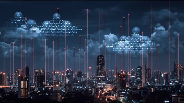 abstract cloud social media innovative cyber security network, using interconnected nodes to represent business partnerships on the Smart digital Innovation city with connection network reciprocity