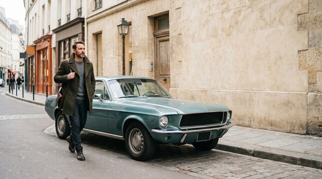 Man walking beside a vintage car on a narrow old town street  