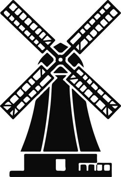 Vintage windmill silhouette, traditional dutch mill icon, black and white rural architecture graphic for farm branding