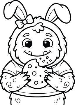 Cute furry monster character wearing a bunny ear headband and a bow eating a delicious chocolate chip cookie coloring page