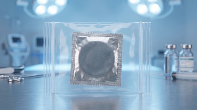 A single condom foil packet inside a clear plastic bag on a medical table with placed inside transparent stainless steel surface condom sealed metal wrapper placed pharmaceutical contraceptive