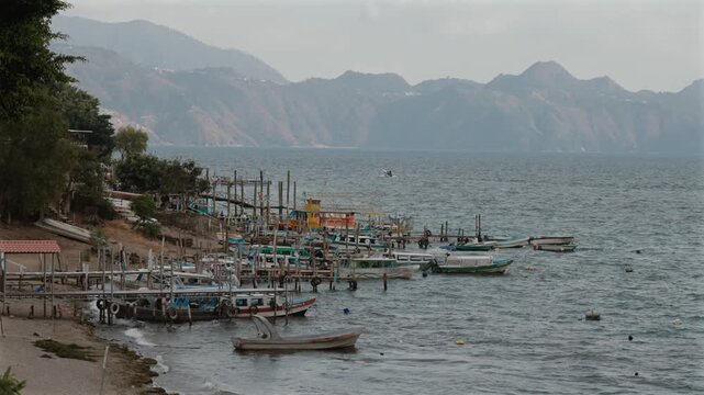 View of boats bobbing on lake Atitl&aacute;n in Panajachel harbor
